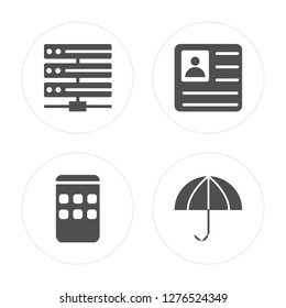 4 Hosting, Smartphone, Profile, Umbrella modern icons on round shapes, vector illustration, eps10, trendy icon set.
