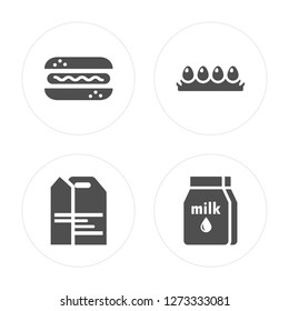 4 Hot dog, Take away, Eggs, Milk modern icons on round shapes, vector illustration, eps10, trendy icon set.