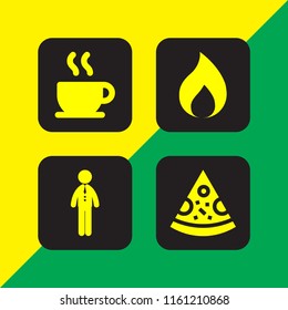 4 hot icons in vector set. fire, elegant man, pizza and coffee illustration for web and graphic design