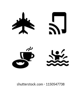 4 hotel icons in vector set. vacations, wifi, swimming pool and breakfast illustration for web and graphic design