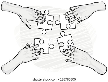 4 human hands holding pieces of puzzle monochrome vector illustration