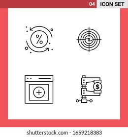 4 símbolos de esquema de estilo de línea de paquete de iconos en fondo blanco. Sencillos signos para el diseño general.