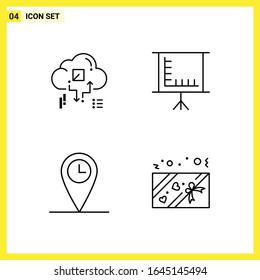  4 Conjunto de iconos. Símbolos de líneas simples. Signo de esquema en fondo blanco para el diseño de aplicaciones móviles del sitio web y medios impresos.