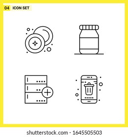  4 Conjunto de iconos. Símbolos de líneas simples. Signo de esquema en fondo blanco para el diseño de aplicaciones móviles del sitio web y medios impresos.