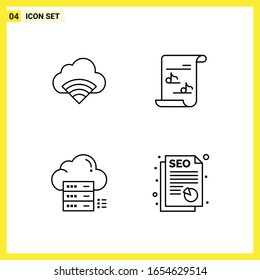 4 Conjunto de iconos. Símbolos de líneas simples. Signo de esquema en fondo blanco para el diseño de aplicaciones móviles del sitio web y medios impresos.