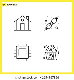 4 Conjunto de iconos. Símbolos de líneas simples. Signo de esquema en fondo blanco para el diseño de aplicaciones móviles del sitio web y medios impresos.