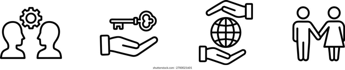 4 ícones de colaboração e unidade, estilo de linha preto e branco, empoderamento, cuidado global, trabalho em equipe, ilustração vetorial, traço editável, conceito profissional