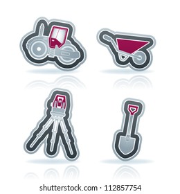 4 icons from Construction Industry theme, from left to right, top to bottom:  Road roller, Wheelbarrow, Theodolite, Shovel (Spade).