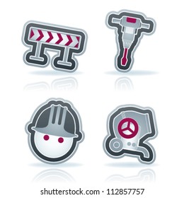 4 icons from Construction Industry theme, from left to right, top to bottom:  Construction barrier, Jackhammer, Builder (Worker), Concrete mixer.