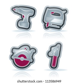 4 icons from Construction Industry theme, from left to right, top to bottom: Screw gun (power drill), Jigsaw, Circular saw, Chainsaw.