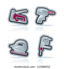 4 icons from Construction Industry theme, from left to right, top to bottom: Stapler, Soldering iron, Grinder, Drill.
