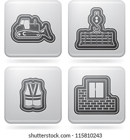 4 icons from Construction Industry theme, from left to right, top to bottom:  Bulldozer, Crane, Safety vest, Building wall.