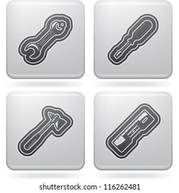 4 icons from Construction Industry theme, from left to right, top to bottom:  Forkwrench, Screwdriver, Axe, Spirit level with Measurement.