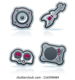 4 icons from Construction Industry theme, from left to right, top to bottom:  Speaker, Rock guitar, Volume control panel, Turntable.