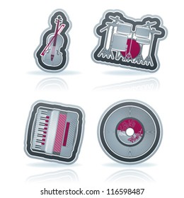 4 icons from Construction Industry theme, from left to right, top to bottom:  Violin, Drums (Percussion), Accordion, Vinyl.
