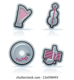 4 icons from Construction Industry theme, from left to right, top to bottom:  Harp, Cello, CD, Music note.
