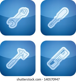 4 icons from Construction Industry theme, from left to right, top to bottom:  Forkwrench, Screwdriver, Axe, Spirit level with Measurement.