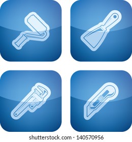 4 icons from Construction Industry theme, from left to right, top to bottom:  Paint roller, Spatula, Monkey wrench, Box knife.