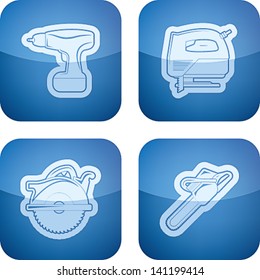 4 icons from Construction Industry theme, from left to right, top to bottom:  Screw gun (power drill), Jigsaw, Circular saw, Chainsaw.