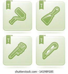 4 icons from Construction Industry theme, from left to right, top to bottom:  Paint roller, Spatula, Monkey wrench, Box knife.
