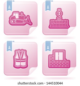 4 icons from Construction Industry theme, from left to right, top to bottom:  Bulldozer, Crane, Safety vest, Building wall.