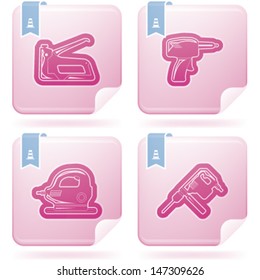 4 icons from Construction Industry theme, from left to right, top to bottom: Stapler, Soldering iron, Grinder, Drill. 
