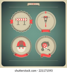 4 icons from Construction Industry theme, from left to right, top to bottom -  Construction barrier, Jackhammer, Builder (Worker), Concrete mixer. 