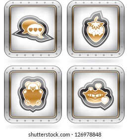 4 icons depicting symbols of Valentine's Day. Pictured here left to right, top to bottom:  Talk bubbles, Chocolate strawberry, Teddy bear, Mouth kiss.
