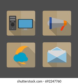 4 icons ,Envelope, megaphone,cloud and moon,computer,Long shadow on brown background