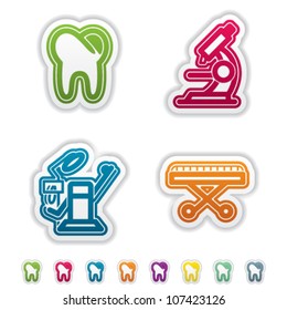 4 icons in "Healthcare" 22 degrees blue icons set from left to right:  Tooth, Microscope, Dental-chair, Stretcher.