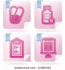 4 icons in "Healthcare" blue icons set from left to right:  pills, pills bottle, diagnosis card, lung x-ray.