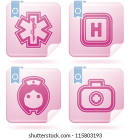 4 icons in "Healthcare" blue icons set from left to right:  hospital sign, hospital sign, nurse, firs aid kit.