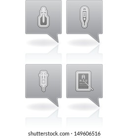 4 icons in "Healthcare" blue icons set from left to right: bottle and dropper, electronic thermometer, syringe, oculist alphabet test. 
