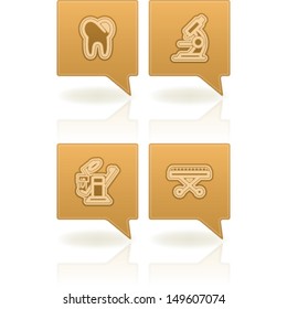 4 icons in "Healthcare" blue icons set from left to right: Tooth, Microscope, Dental-chair, Stretcher. 