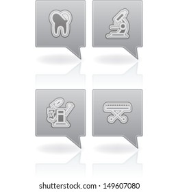 4 icons in "Healthcare" blue icons set from left to right: Tooth, Microscope, Dental-chair, Stretcher. 