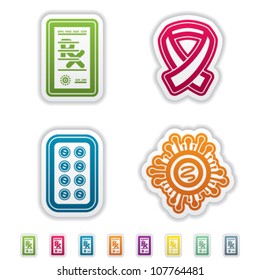 4 icons in "Healthcare" from left to right:  Prescription, Cancer "Pink Ribbon", Pills blister, Virus.