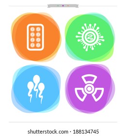 4 icons in "Healthcare" from left to right: -  Otoscope, Rescue Phone, Spermatozoon, X-Ray Generator logo.