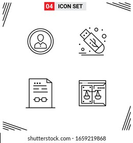 Estilo Línea De 4 Iconos. Símbolos de esquema creativo basados en cuadrícula para el diseño del sitio web. Señales de icono de línea simples aisladas en fondo blanco.4 Conjunto de iconos.