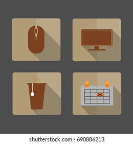 4 icons mouse computer, Hot tea cup ,Calendar, Monitor