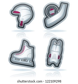 4 icons (objects) to show different kind of winter sports. Pictured here left to right, top to bottom:  Snowboard helmet, Ice hockey stick & flat puck, Ice skates, Luge.