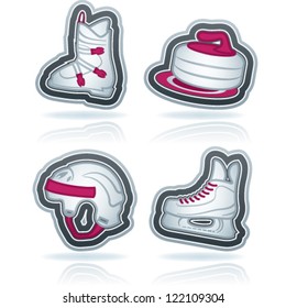4 icons (objects) to show different kind of winter sports. Pictured here left to right, top to bottom:  Ski boot, Curling, Hockey helmet, Ice skate.
