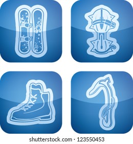 4 icons (objects) to show different kind of winter sports. Pictured here left to right, top to bottom:  Snowboard, Crampons, Mountaineering shoes, Ice Axe.