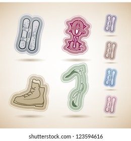 4 icons (objects) to show different kind of winter sports. Pictured here left to right, top to bottom:  Snowboard, Crampons, Mountaineering shoes, Ice Axe.