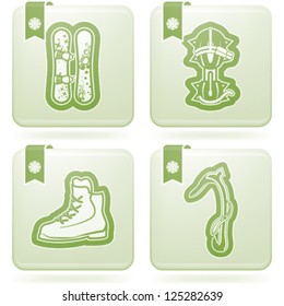 4 icons (objects) to show different kind of winter sports. Pictured here left to right, top to bottom:  Snowboard, Crampons, Mountaineering shoes, Ice Axe.