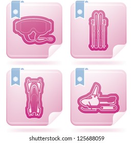 4 icons (objects) to show different kind of winter sports. Pictured here left to right, top to bottom:  Goggles, Skis and poles, Bobsleigh, Snowmobile.