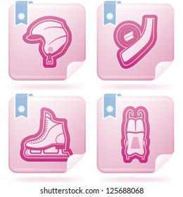 4 icons (objects) to show different kind of winter sports. Pictured here left to right, top to bottom:  Snowboard helmet, Ice hockey stick & flat puck, Ice skates, Luge.