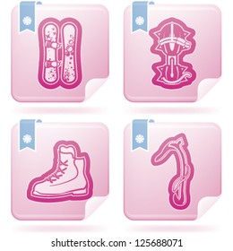 4 icons (objects) to show different kind of winter sports. Pictured here left to right, top to bottom:  Snowboard, Crampons, Mountaineering shoes, Ice Axe.