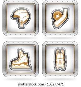 4 icons (objects) to show different kind of winter sports. Pictured here left to right, top to bottom:  Snowboard helmet, Ice hockey stick & flat puck, Ice skates, Luge.