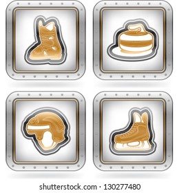 4 icons (objects) to show different kind of winter sports. Pictured here left to right, top to bottom:  Ski boot, Curling, Hockey helmet, Ice skate.