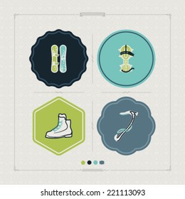 4 icons (objects) to show different kind of winter sports. Pictured here left to right, top to bottom - Snowboard, Crampons, Mountaineering shoes, Ice Axe.